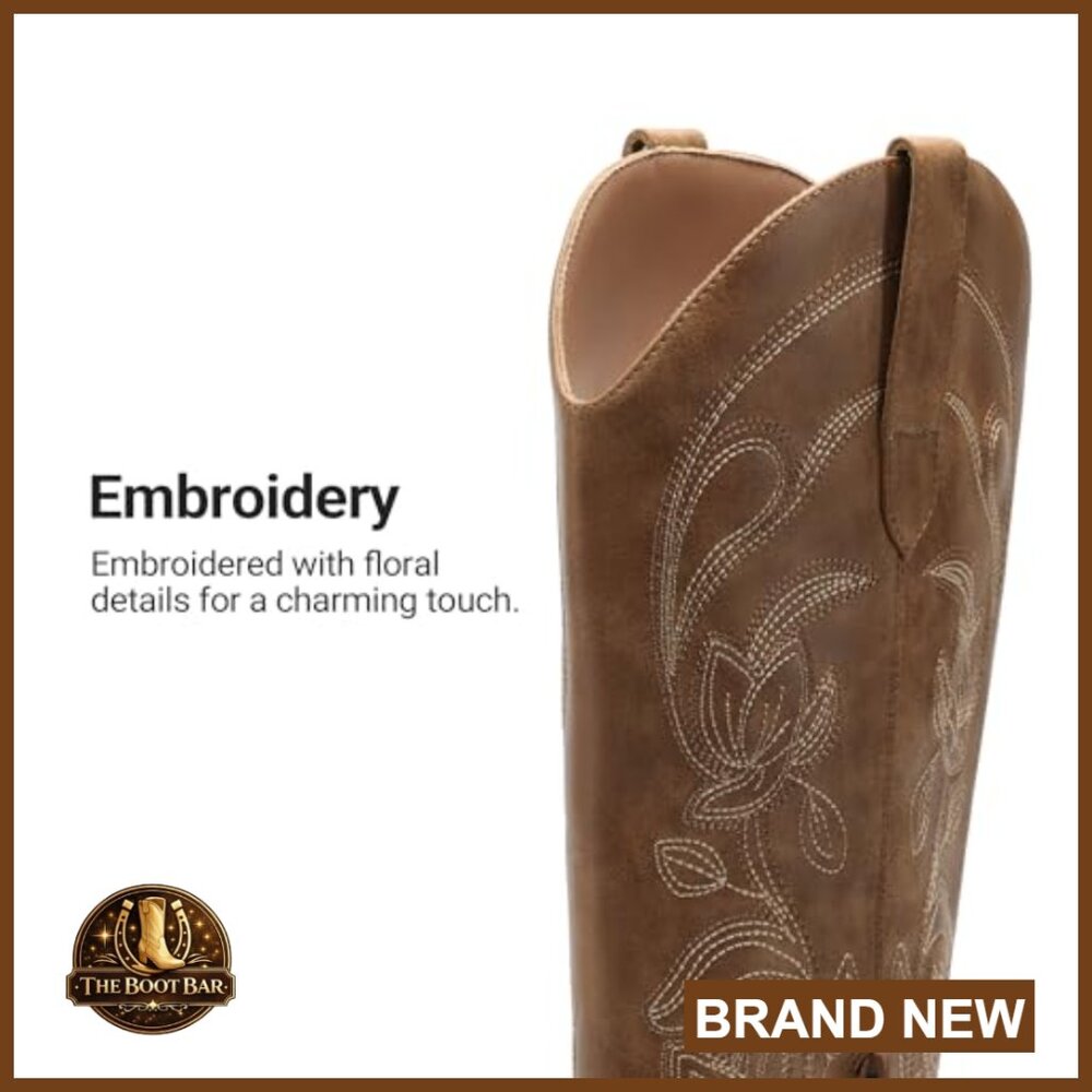 Knee High Cowboy Boots Chunky Heel Square Toe Embroidered Western Comfort - Picture 5 of 7